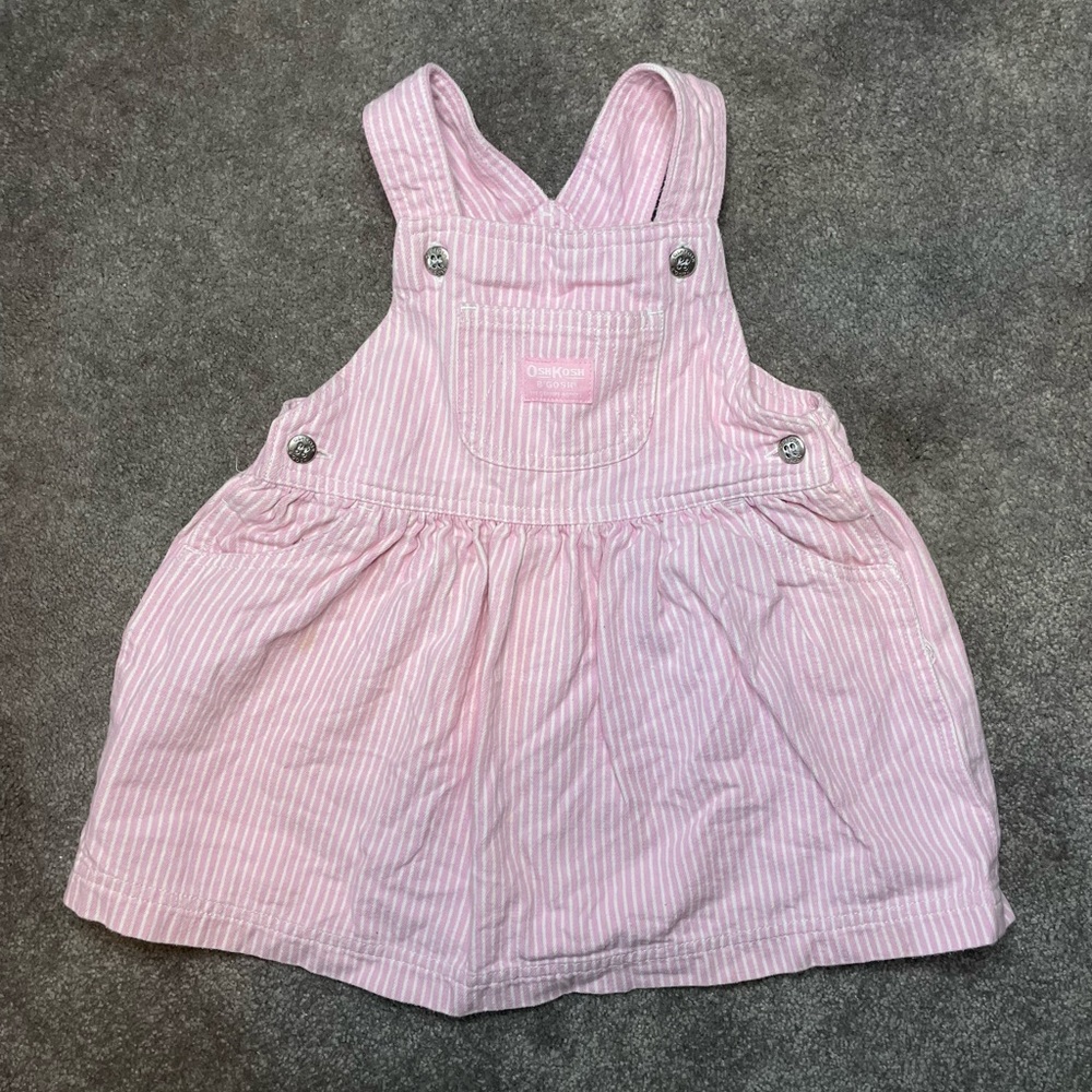 Vintage OshKosh overall jumper, pink and white pinstripe; size 24 mo